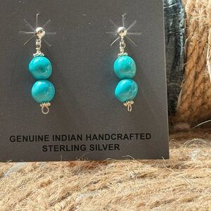 Turquoise Bead Sterling Silver Drop Earrings - Genuine Indian Handcrafted
